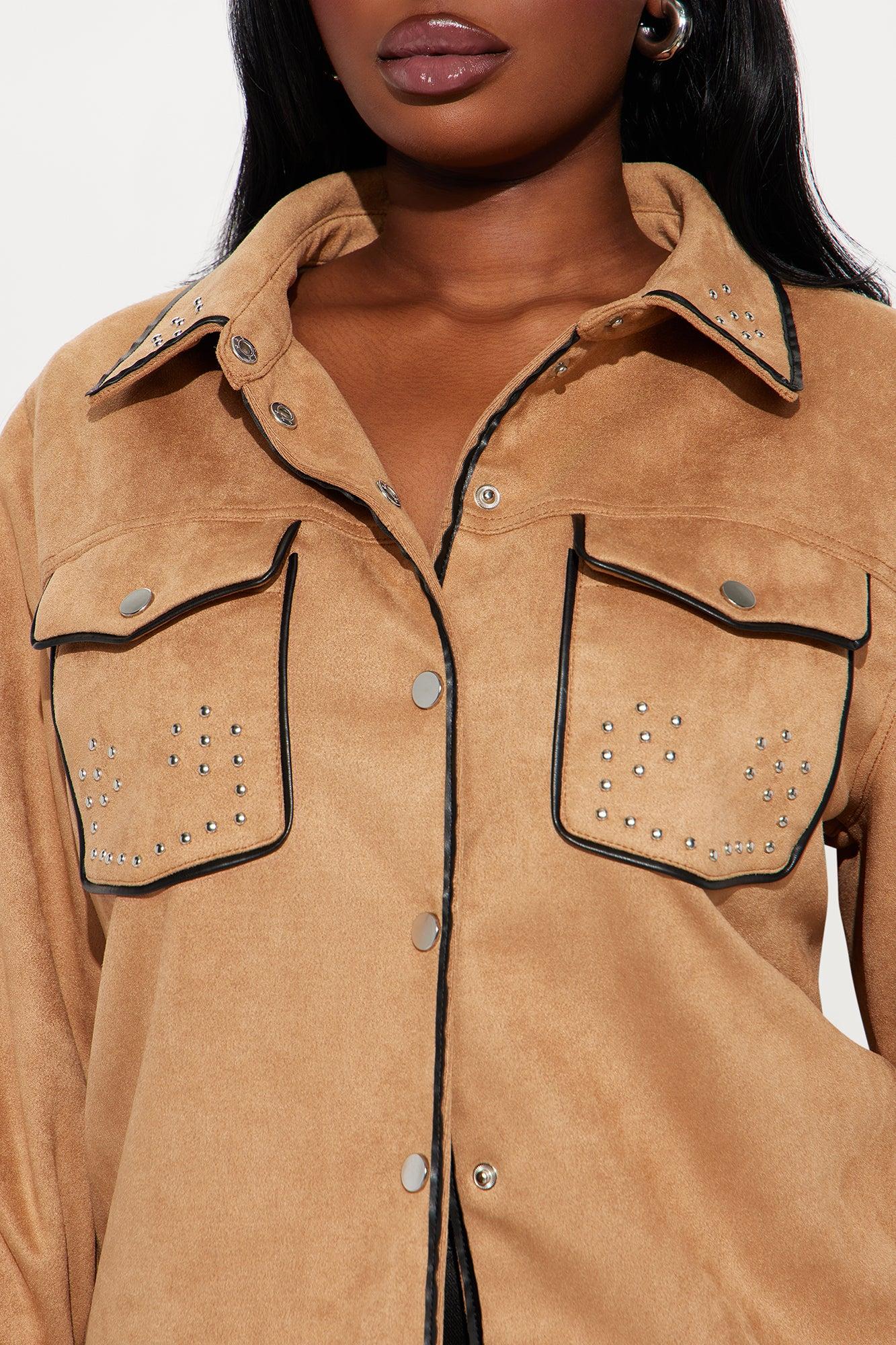 Wyld Studded Faux Suede Shirt - Camel/combo Product Image