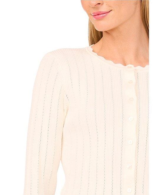 Ted Baker London Ribbed Pointelle Scallop Round Neck Long Sleeve Cardigan Product Image