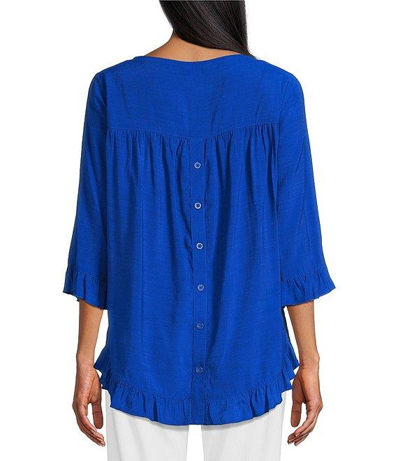 Multiples Solid Crinkle Woven Scoop Neck 3/4 Sleeve Hi-Low Hem Ruffle Top Product Image