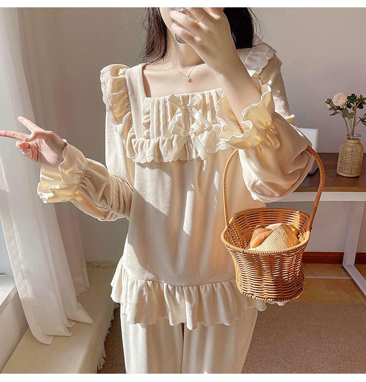Pajama Set: Long Sleeve Square Neck Plain Ruffle Top + Straight Leg Pants Product Image
