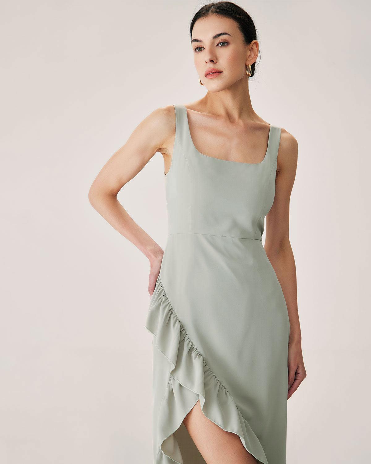 Green Ruffle Slit Slip Maxi Dress Product Image