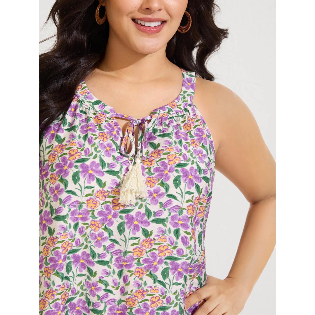 Plus Size Floral Print Neck Tassels Tank Top Women Multicolor Tie knot Round Neck Vacation Tank Tops Camis BloomChic 30/6X Product Image