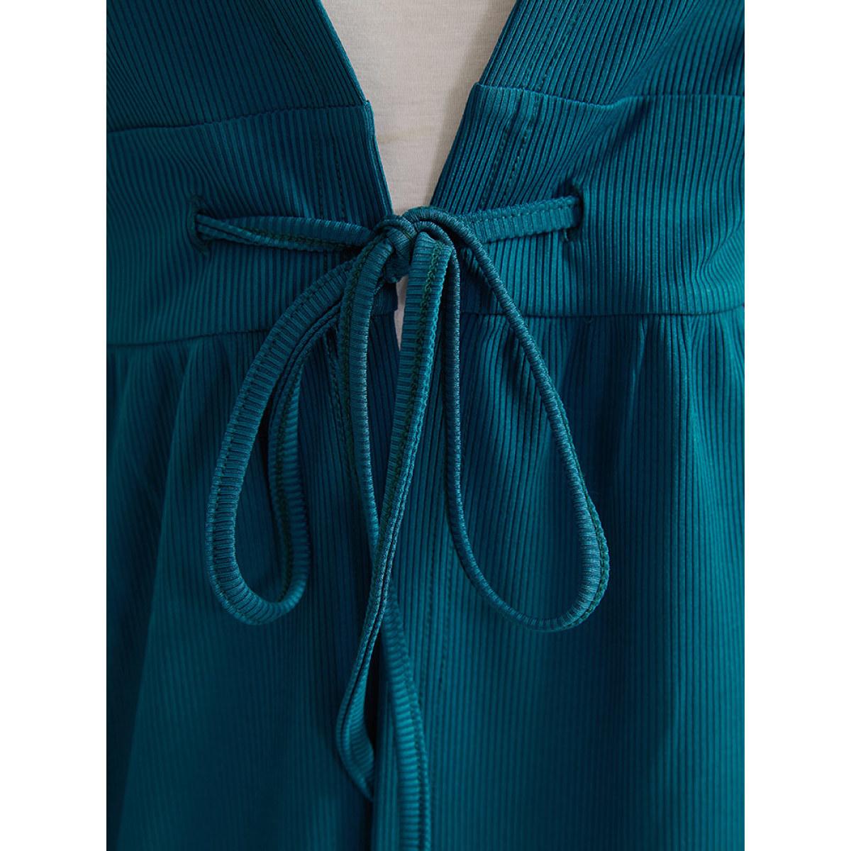 Plus Size Plain Drawstring Knot Gathered Open Front Coat Women Cyan Casual Plain Dailywear Kimonos BloomChic 26/4X Product Image