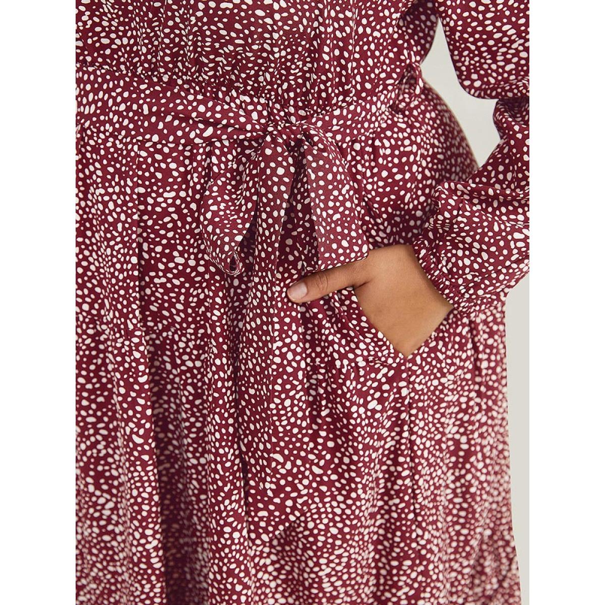Plus Size Polka Dot Lantern Sleeve Belted Dress Burgundy Women Elegant Elastic cuffs V-neck Long Sleeve Curvy Midi Dress BloomChic 22-24/3X Product Image