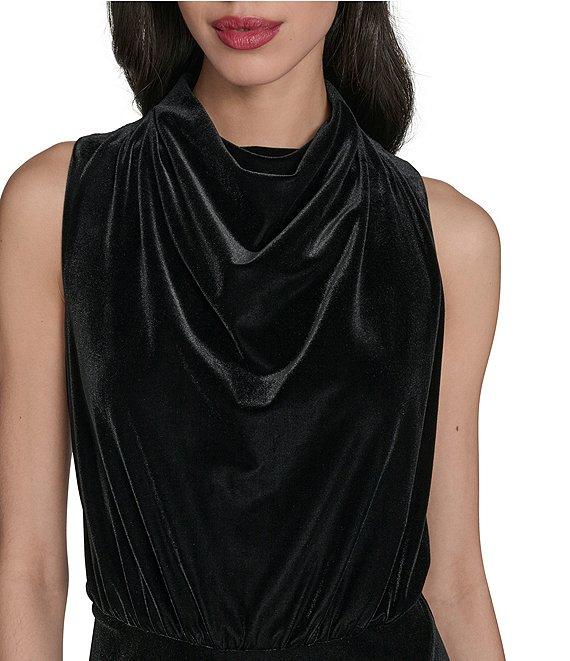 Vince Camuto Velvet Drape Cowl Mock Neck Blouson Wrap Ruffle Flounce Silt Hem Midi Dress Product Image
