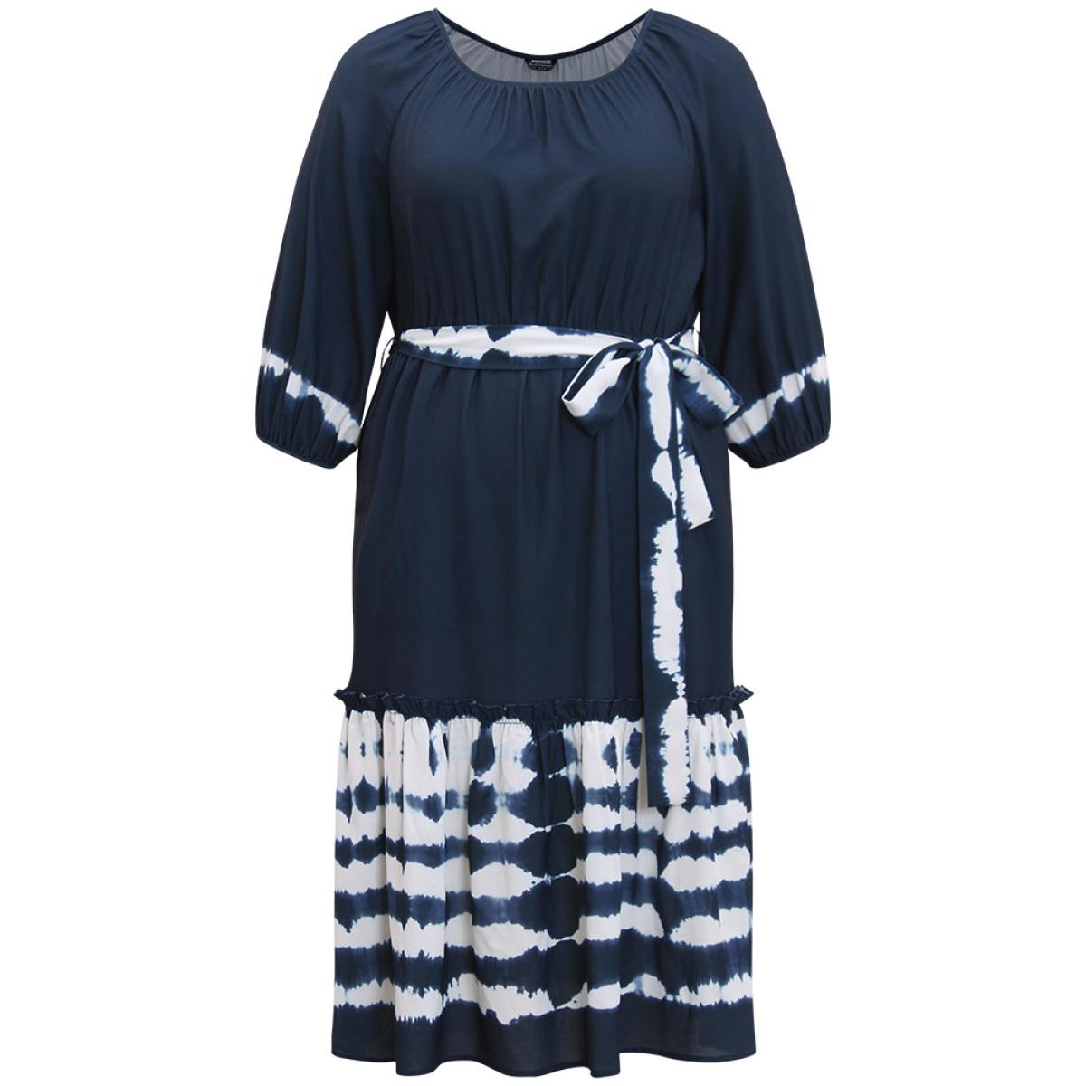 Plus Size Tie Dye Gathered Belted Lantern Sleeve Dress DarkBlue Women Vacation Elastic cuffs Round Neck Elbow-length sleeve Curvy Midi Dress BloomChic 22-24/3X Product Image