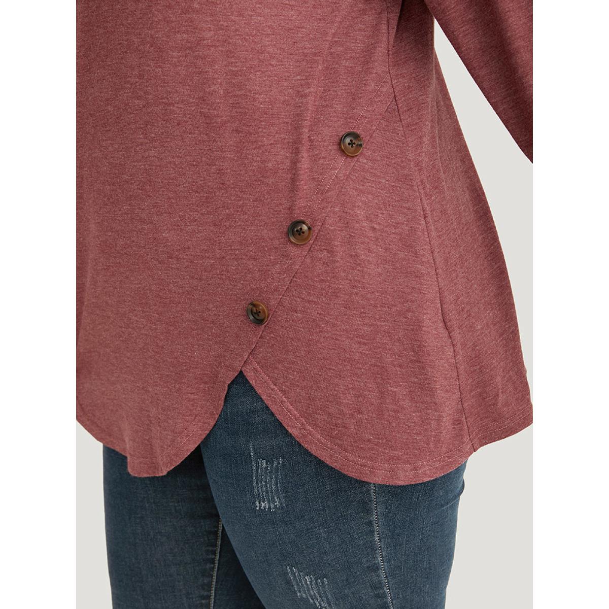 Plus Size Plain Round Neck Button Detail T-shirt Russet Women Casual Plain Plain Round Neck Dailywear T-shirts BloomChic 28/5X Product Image