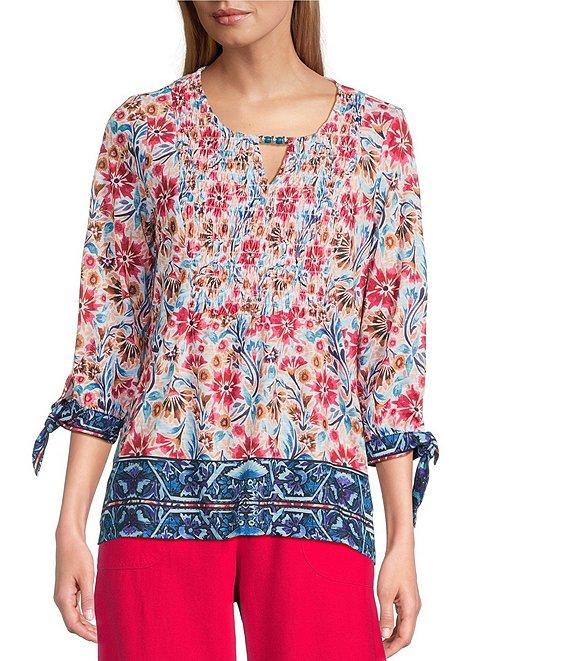 Allison Daley Pomegranate Floral Vine Border 3/4 Tie Sleeve Keyhole Neck Knit Top Product Image