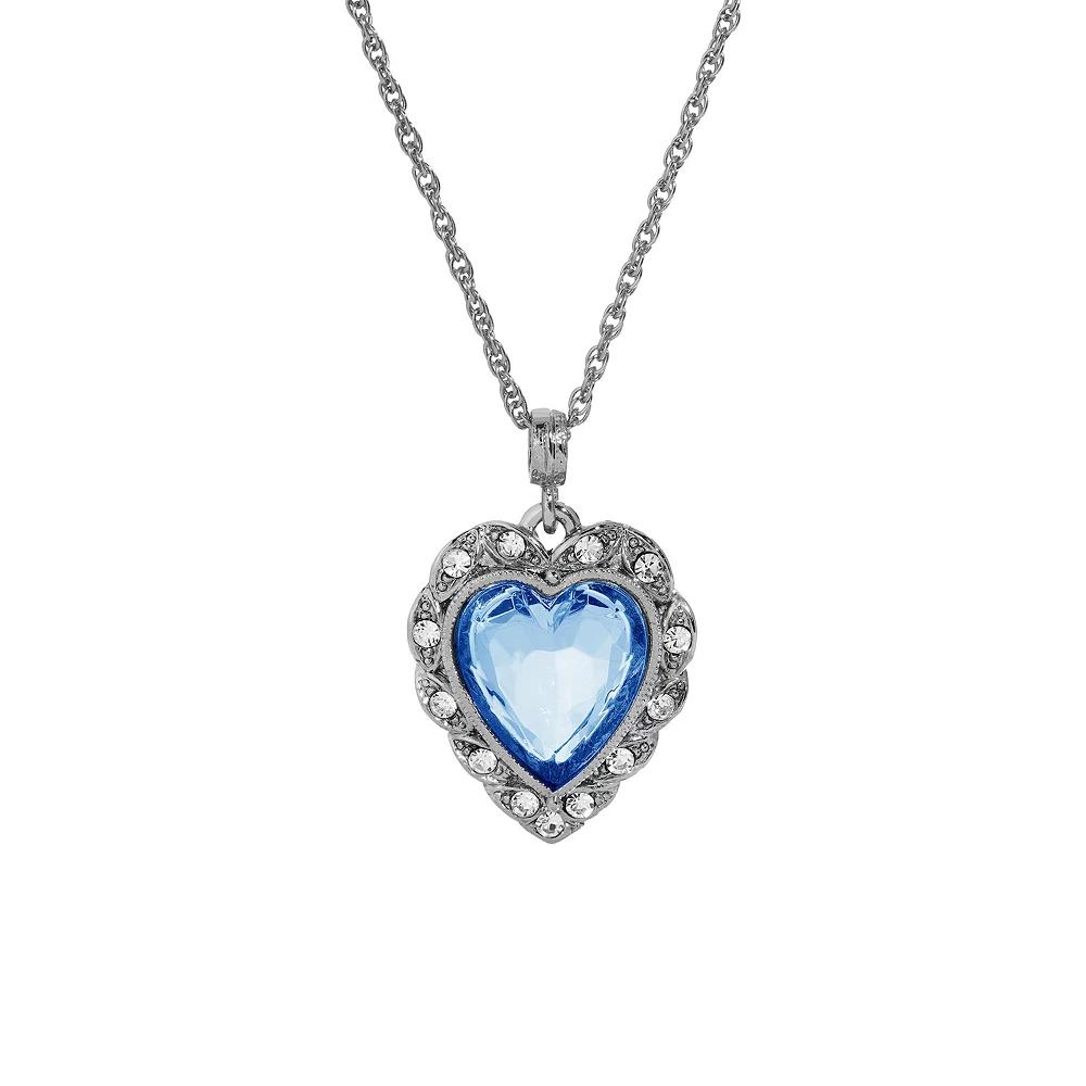 1928 Silver Tone Glass Heart Crystal Accent Necklace, Womens, Blue Product Image