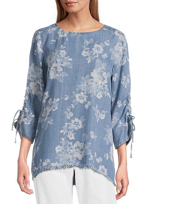Tru Luxe Jeans Floral Printed Chambray Scoop Neck 3/4 Sleeve Lace-Up Top Product Image