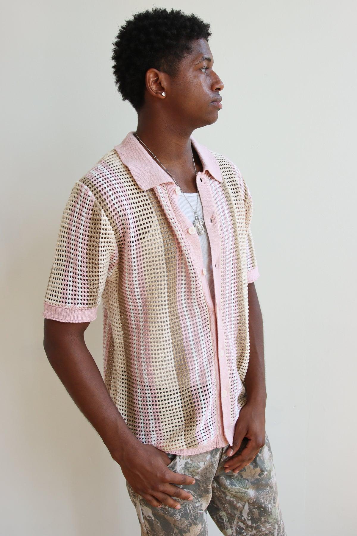 Striped Knit Mesh Button Up Shirt Product Image
