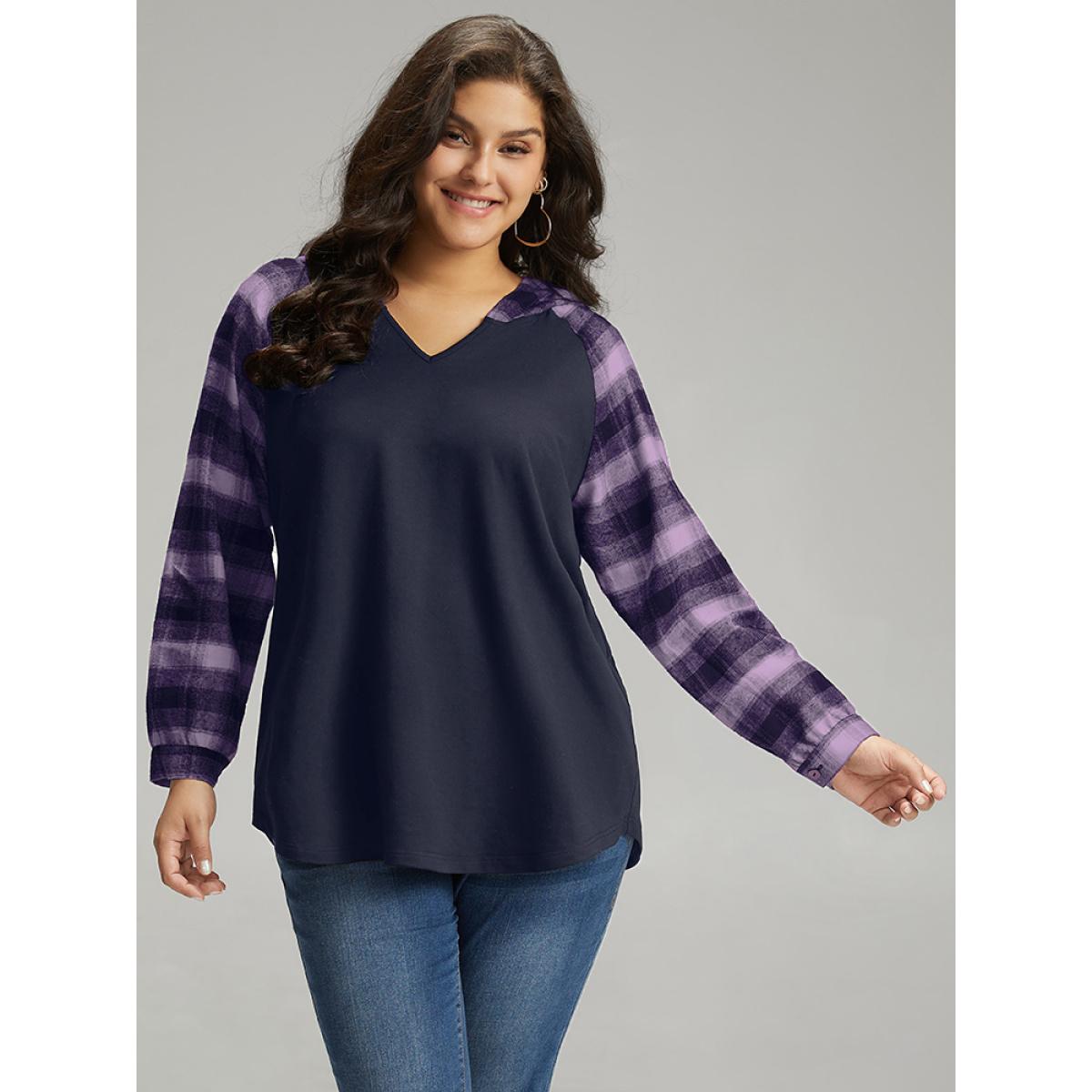 Plus Size Plaid Print Hooded Patchwork Sweatshirt Women Indigo Leisure Patchwork Hooded Casual Sweatshirts BloomChic 26/4X Product Image