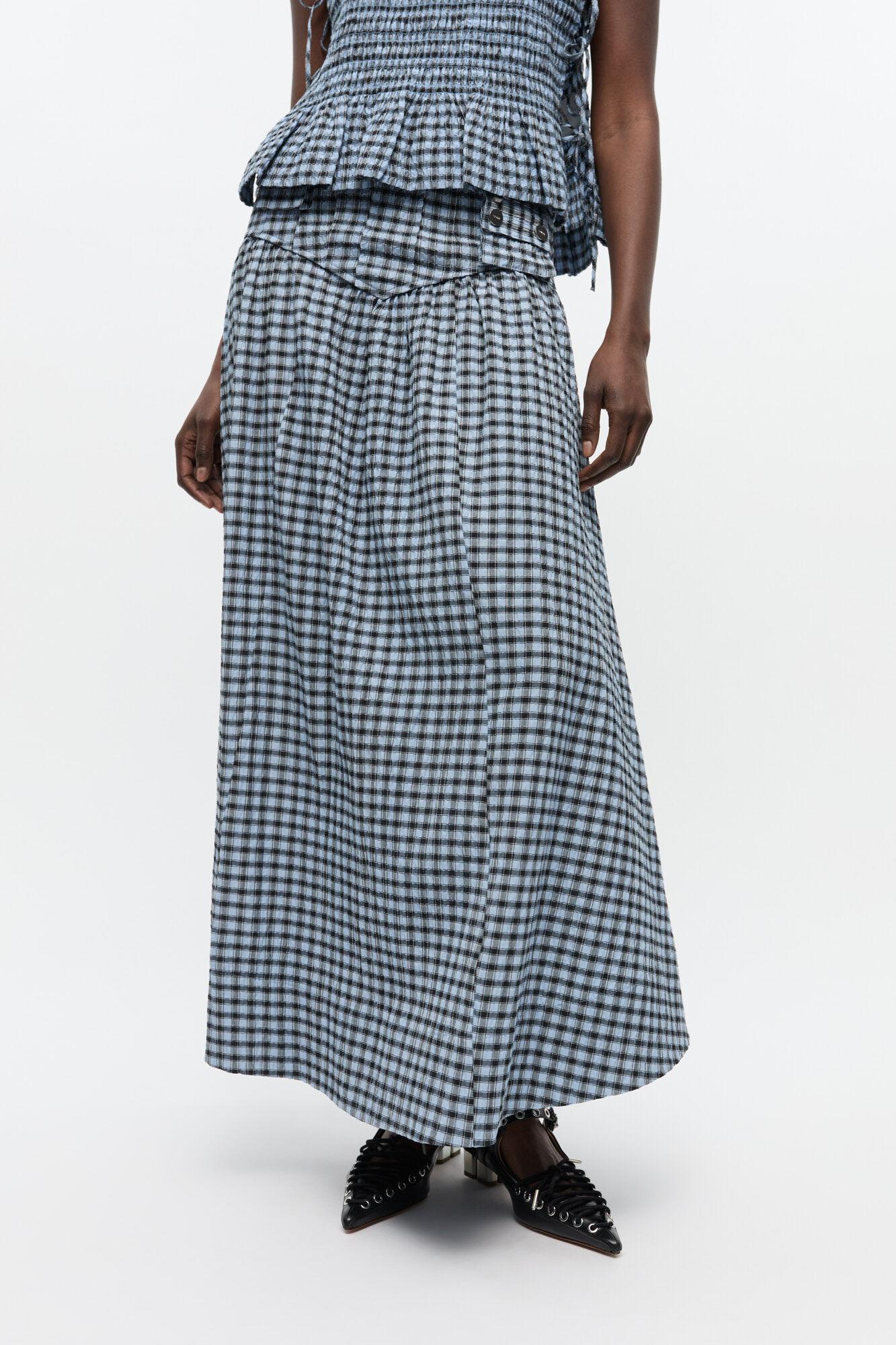 Blue Seersucker Check Long Skirt Product Image