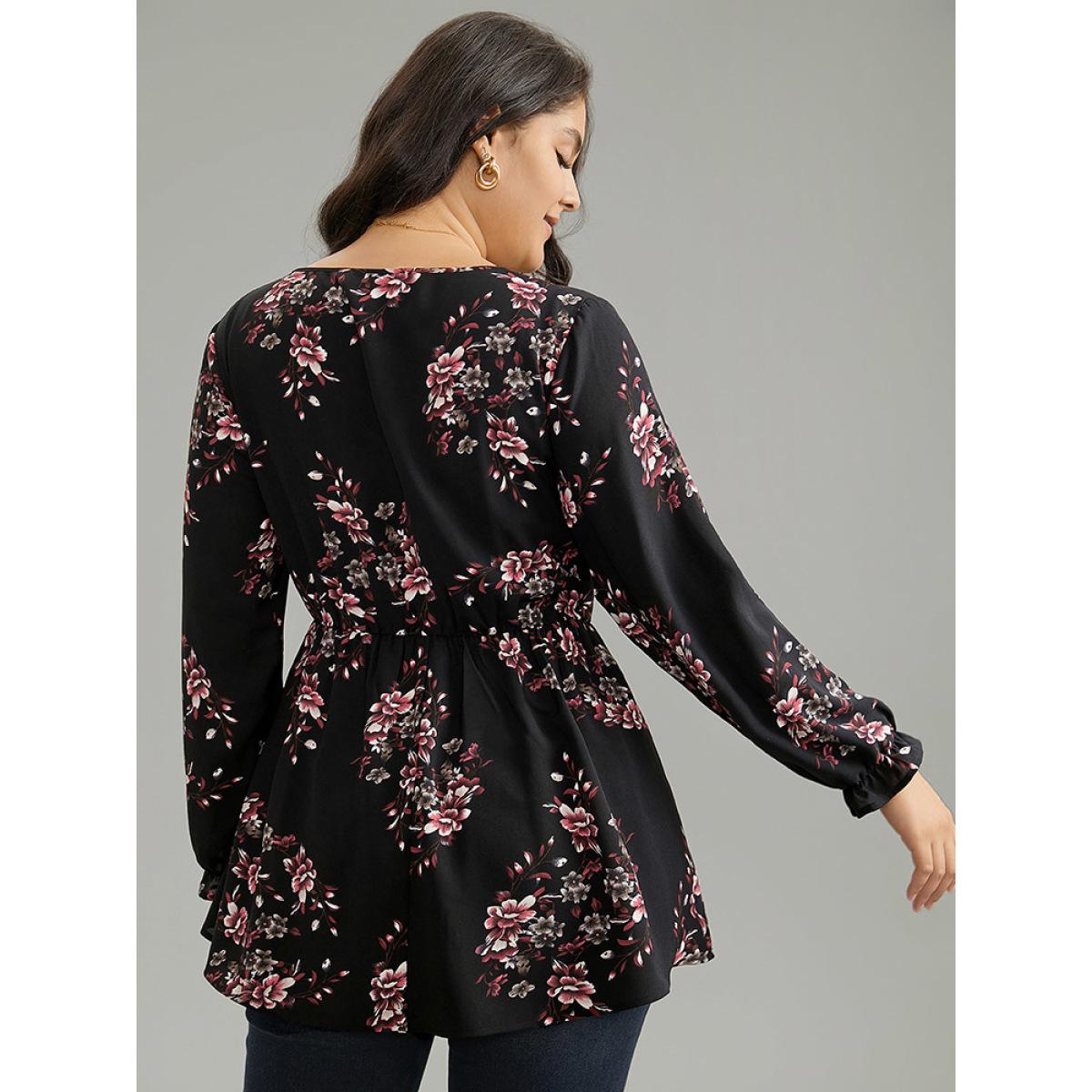 Plus Size BlackFlower Floral Elastic Waist Ruffles Ties Lantern Sleeve Blouse Women Elegant Long Sleeve V-neck Office Blouses BloomChic 26/4X Product Image