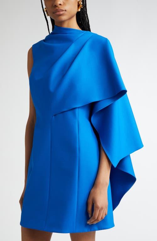 OSCAR DE LA RENTA One Shoulder Cape Detail  Stretch Wool Dress In Lapis Product Image