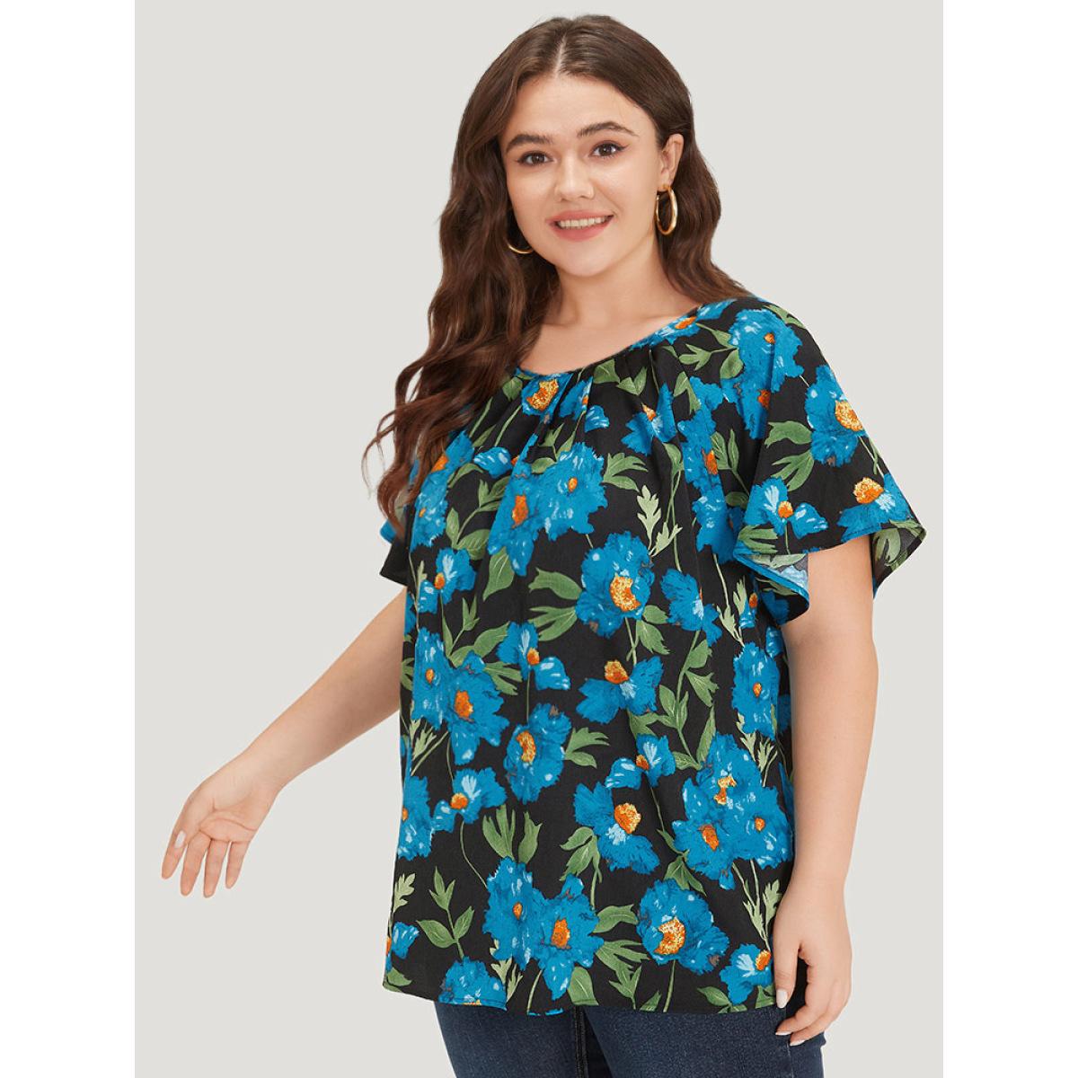 Plus Size Black Floral Print Raglan Sleeve Pleated Flutter Blouse Women Glamour Short sleeve Round Neck Going out Blouses BloomChic 30/6X Product Image