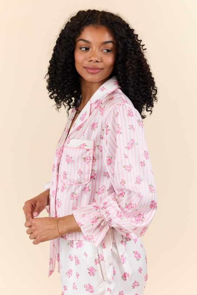Sleep On My Side Pink Floral Satin Long Sleeve Pajama Top FINAL SALE Girls Product Image