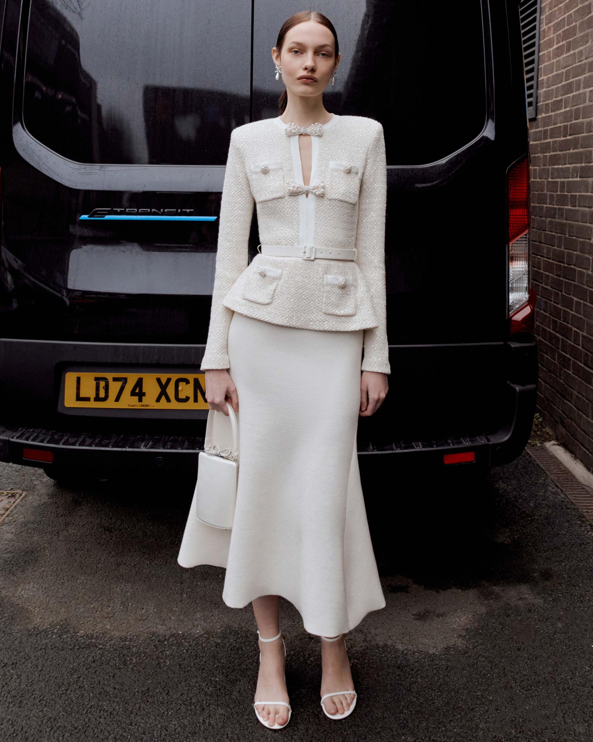 Cream Sequin Knit Tailored Midi Dress Product Image