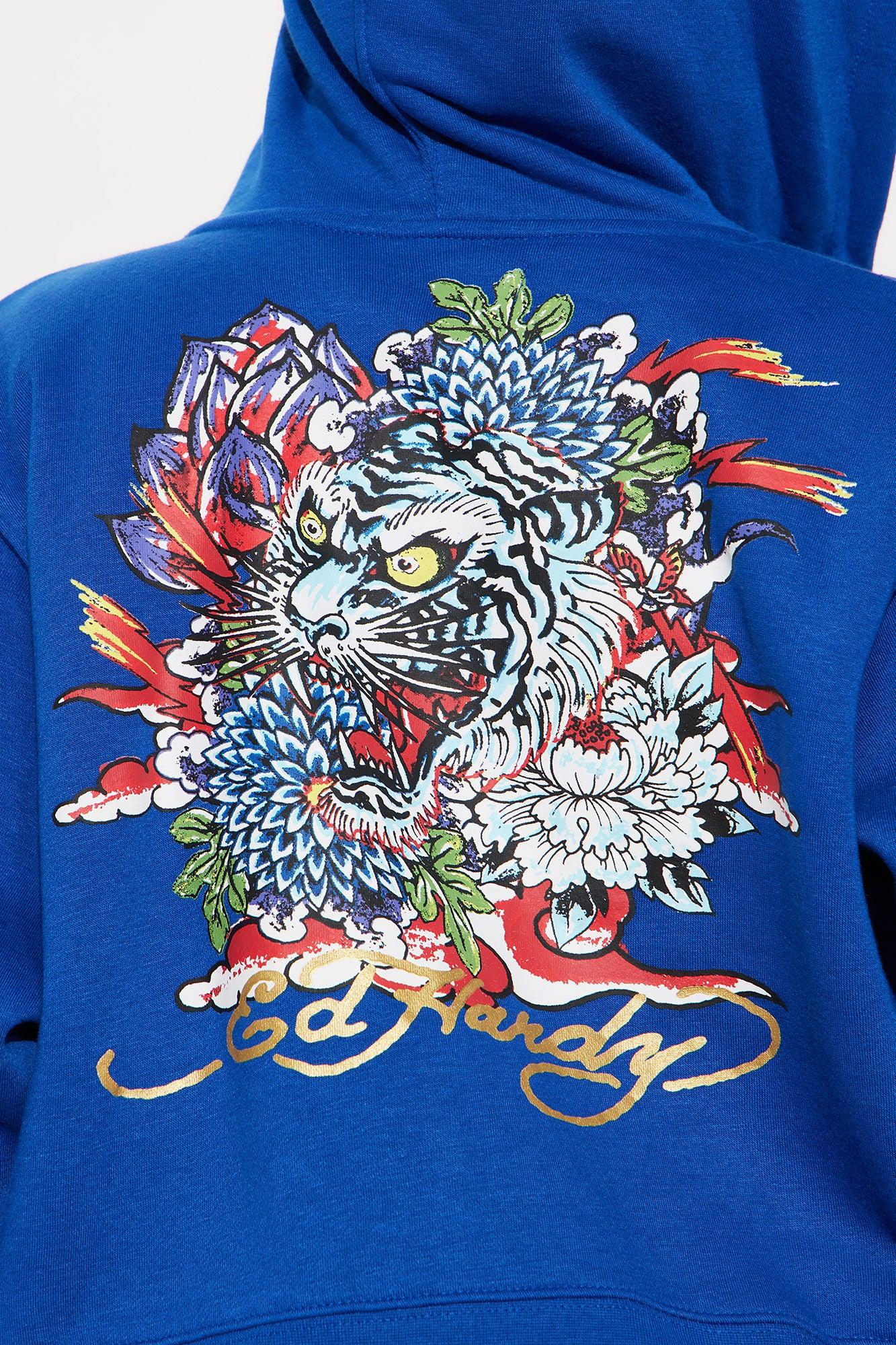 Tiger Lotus Ed Hardy Zip Front Hoodie - CobaltBlue Product Image
