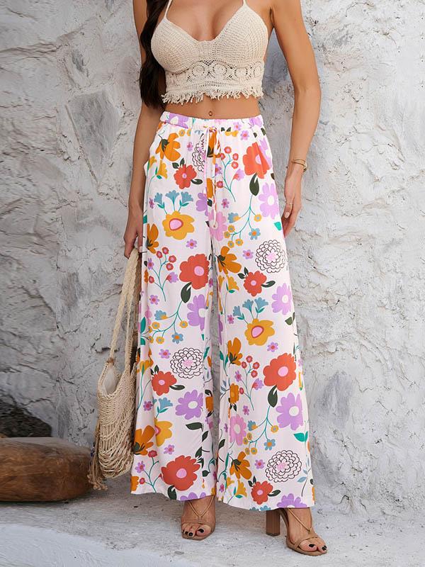 High Waisted Loose Contrast Color Drawstring Flower Print Pockets Pants Trousers Product Image