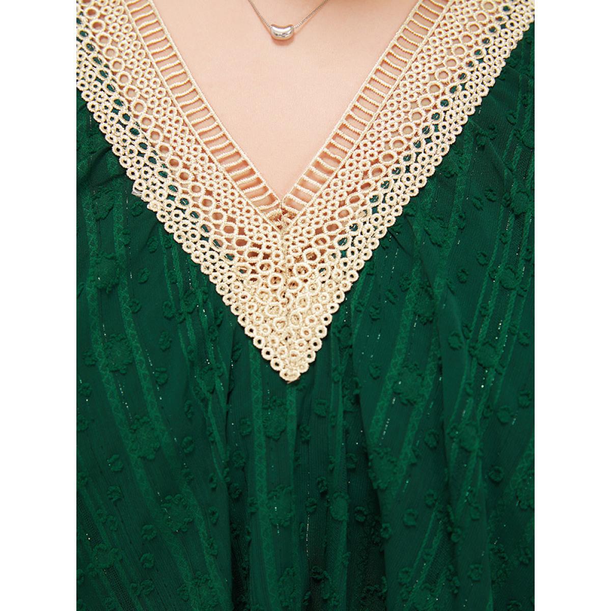 Plus Size DarkGreen Solid Textured Flutter Trim Contrast Lace Blouse Women Elegant Short sleeve V-neck Dailywear Blouses BloomChic 22-24/3X Product Image