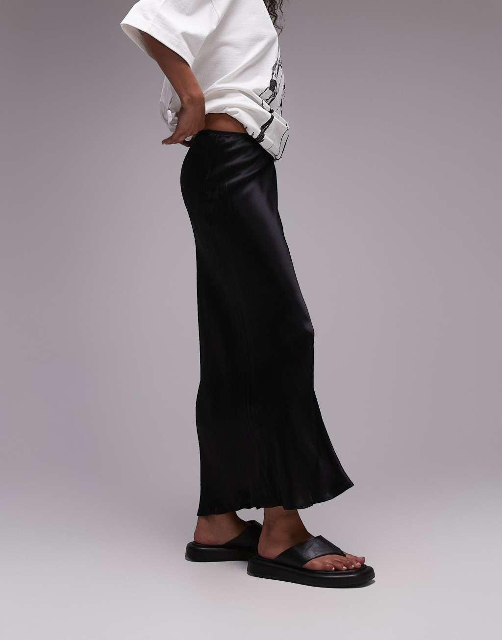 Topshop satin bias midi skirt in black Product Image
