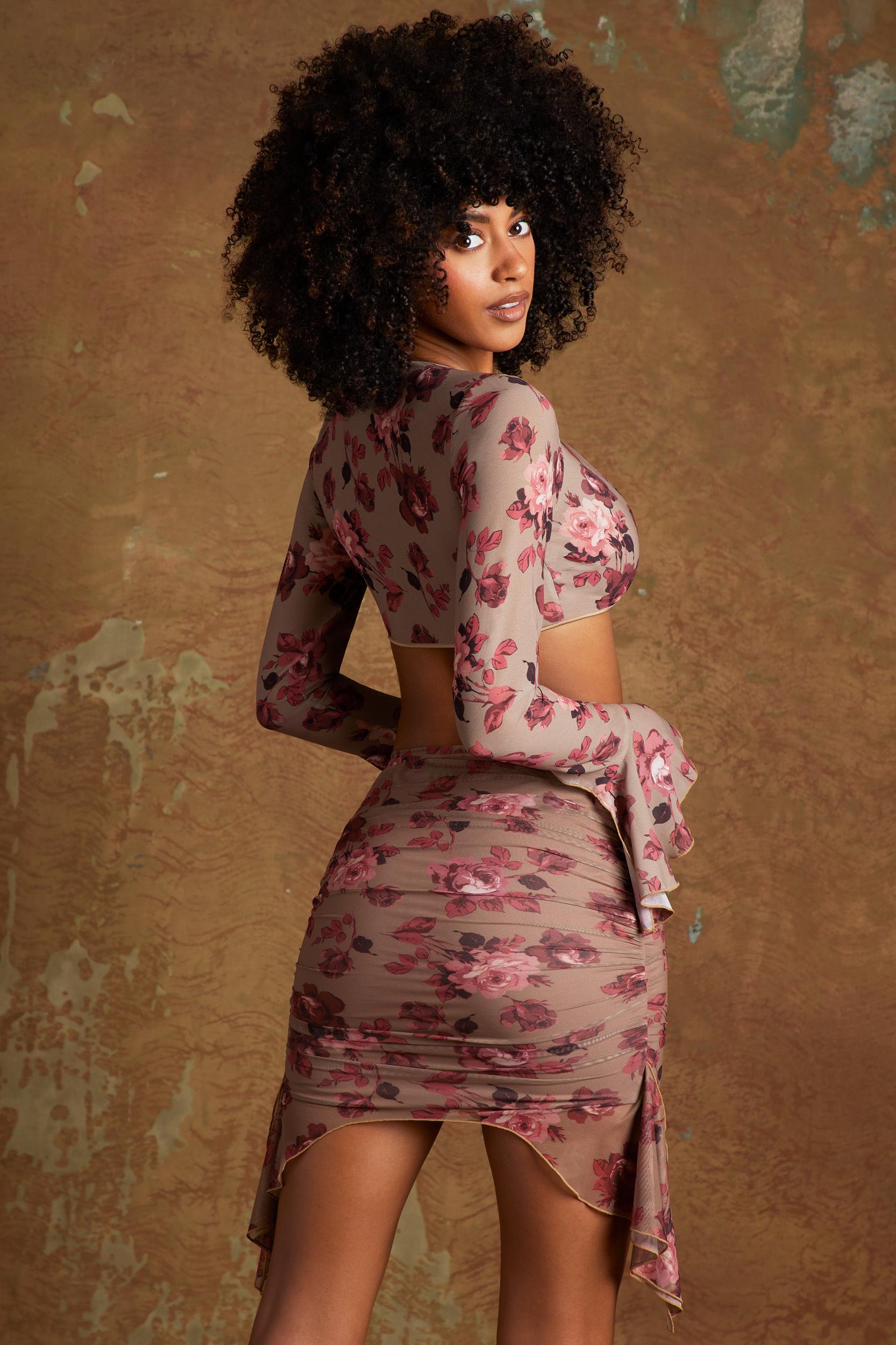 Frill Hem Mini Skirt in Beige Print Product Image