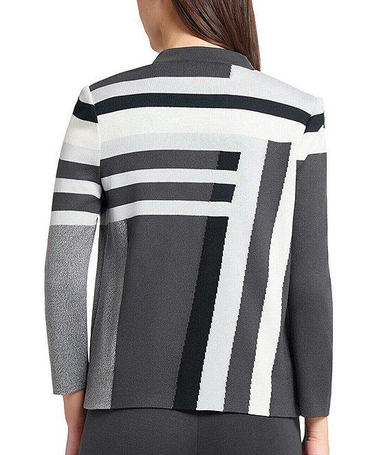 Ming Wang Intarsia Color Block Stripe Knit Mandarin Collar Bracelet Sleeve Jacket Product Image