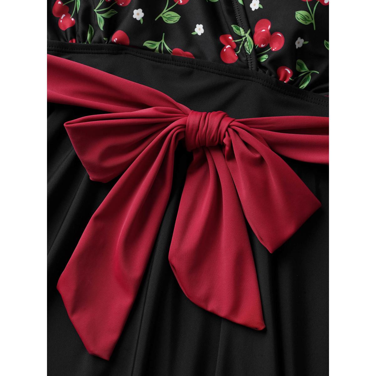 Plus Size Cherry Print Wrap Tie Knot Swim Dress Women's Swimwear Black Beach Bodycon Overlap Collar High stretch Curve Swim Dresses BloomChic 26/4X Product Image