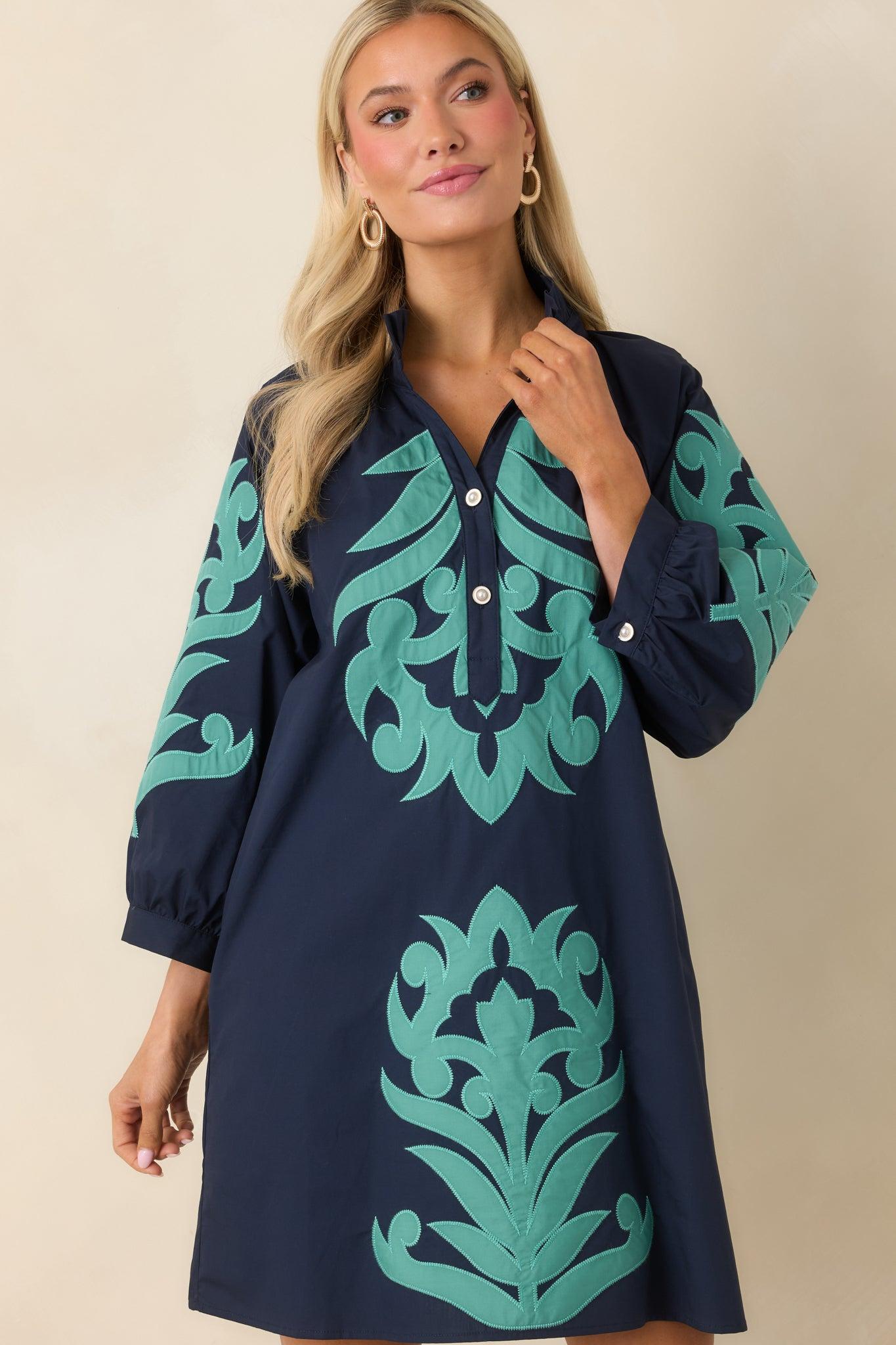 Bold Impressions Navy & Aqua Contrast Detail Tunic Mini Dress Product Image