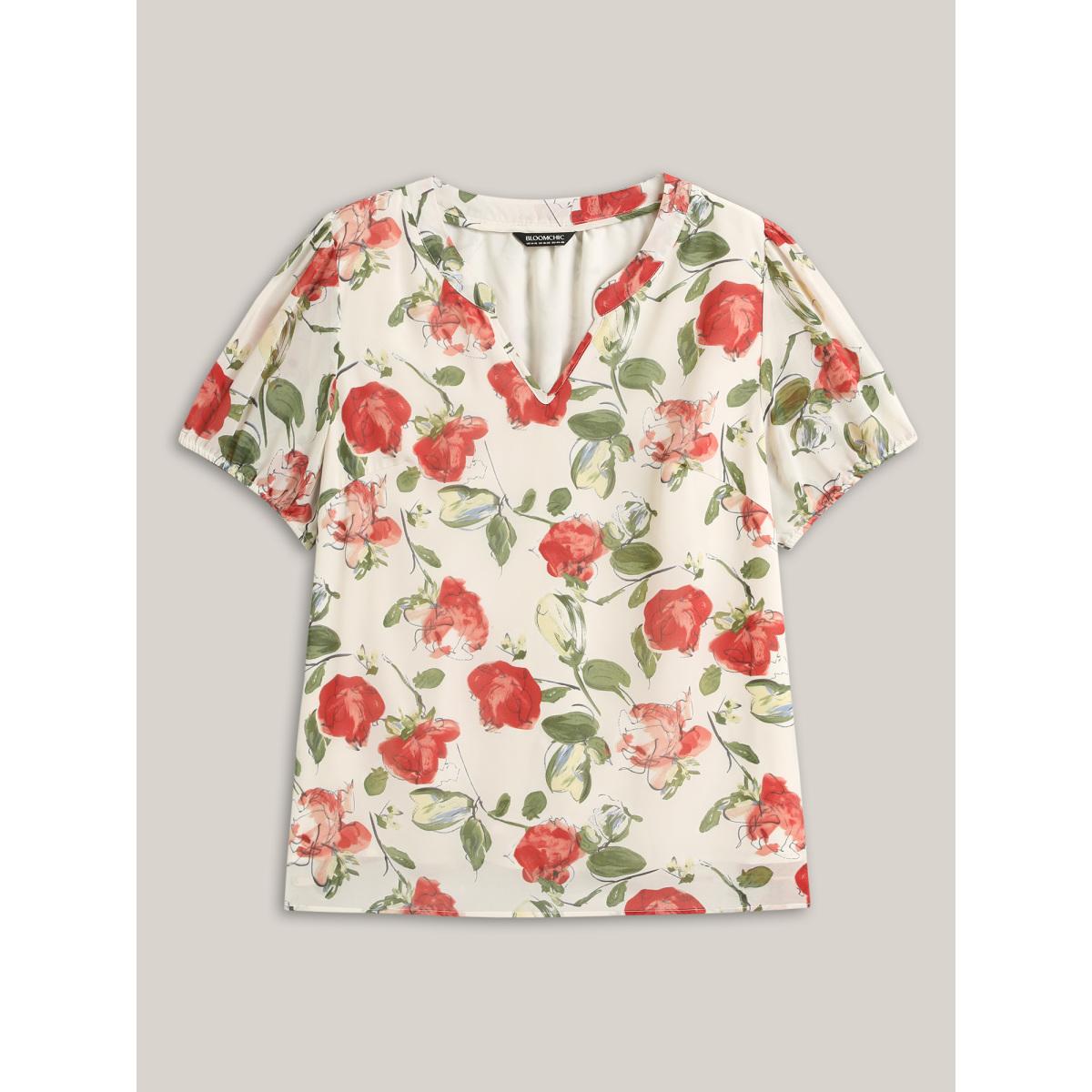 Plus Size Ivory Rosy Print Sheer Notched Collar Blouse Women Short sleeve Flat collar with V-notch Everyday-Elegant Blouses BloomChic 18-20/2X Product Image