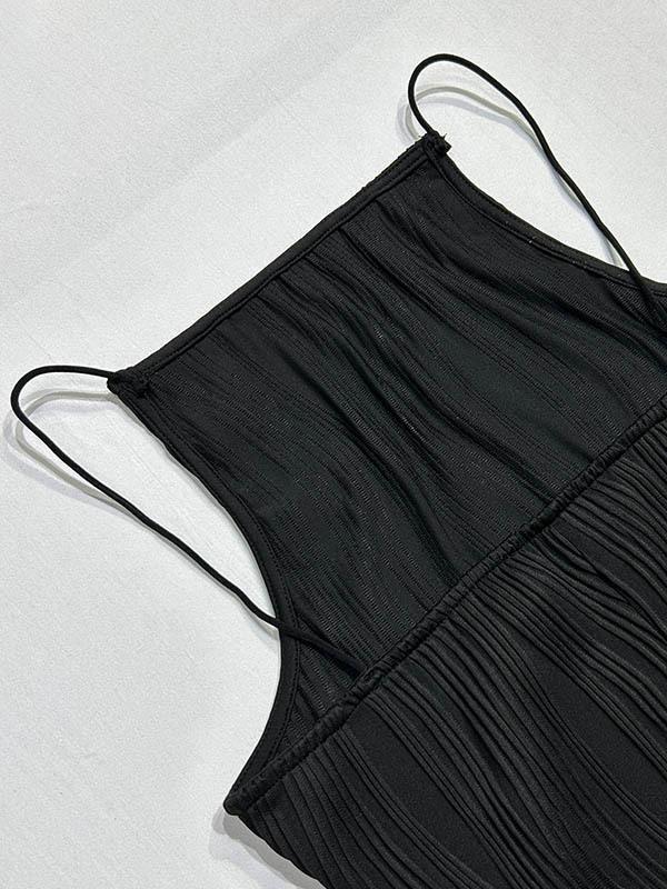 Bodycon Sleeveless Pleated Solid Color Split-Back Split-Joint Zipper Spaghetti-Neck Maxi Dresses Product Image