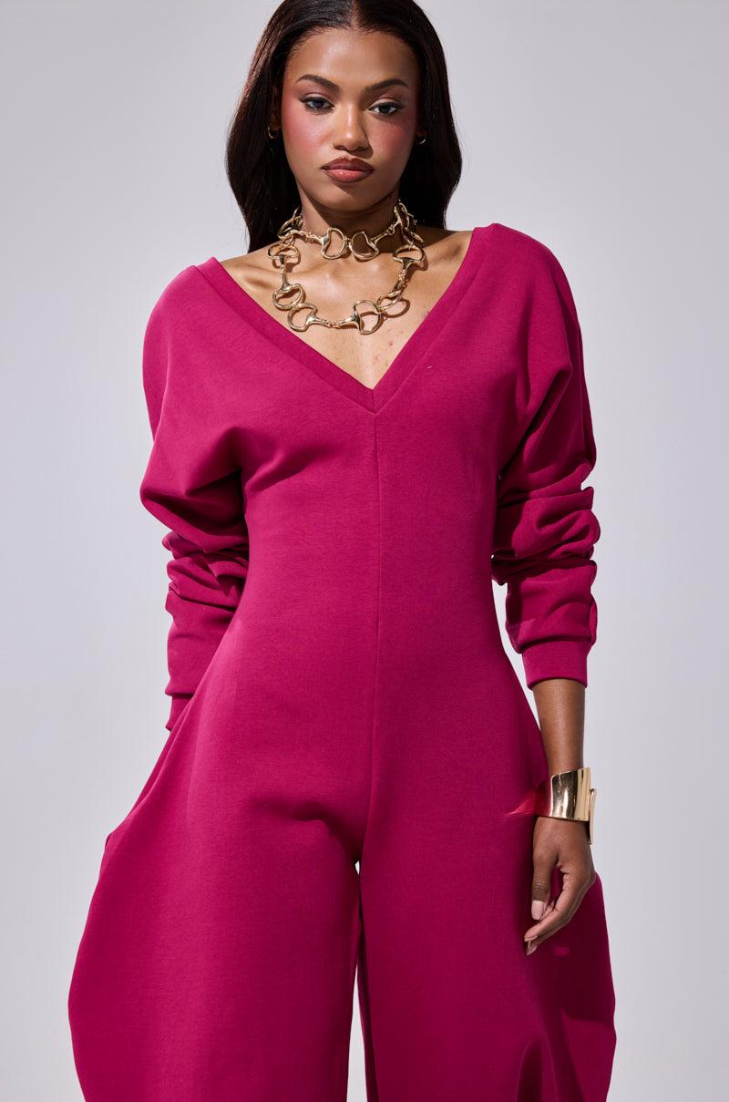 COMFY COZY SWEATSHIRT JUMPSUIT IN PLUM Product Image