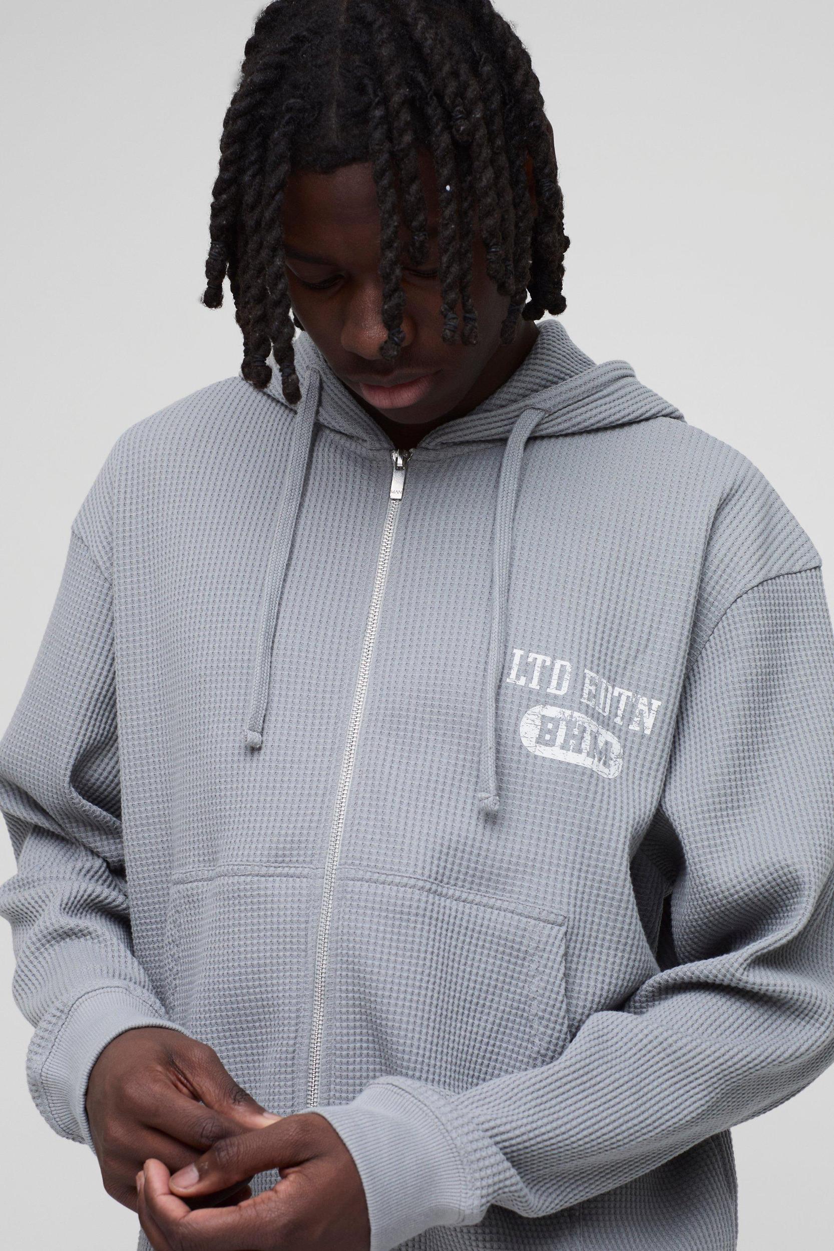 Oversized Boxy Waffle Print Zip Through Hoodie | boohooMAN USA Product Image