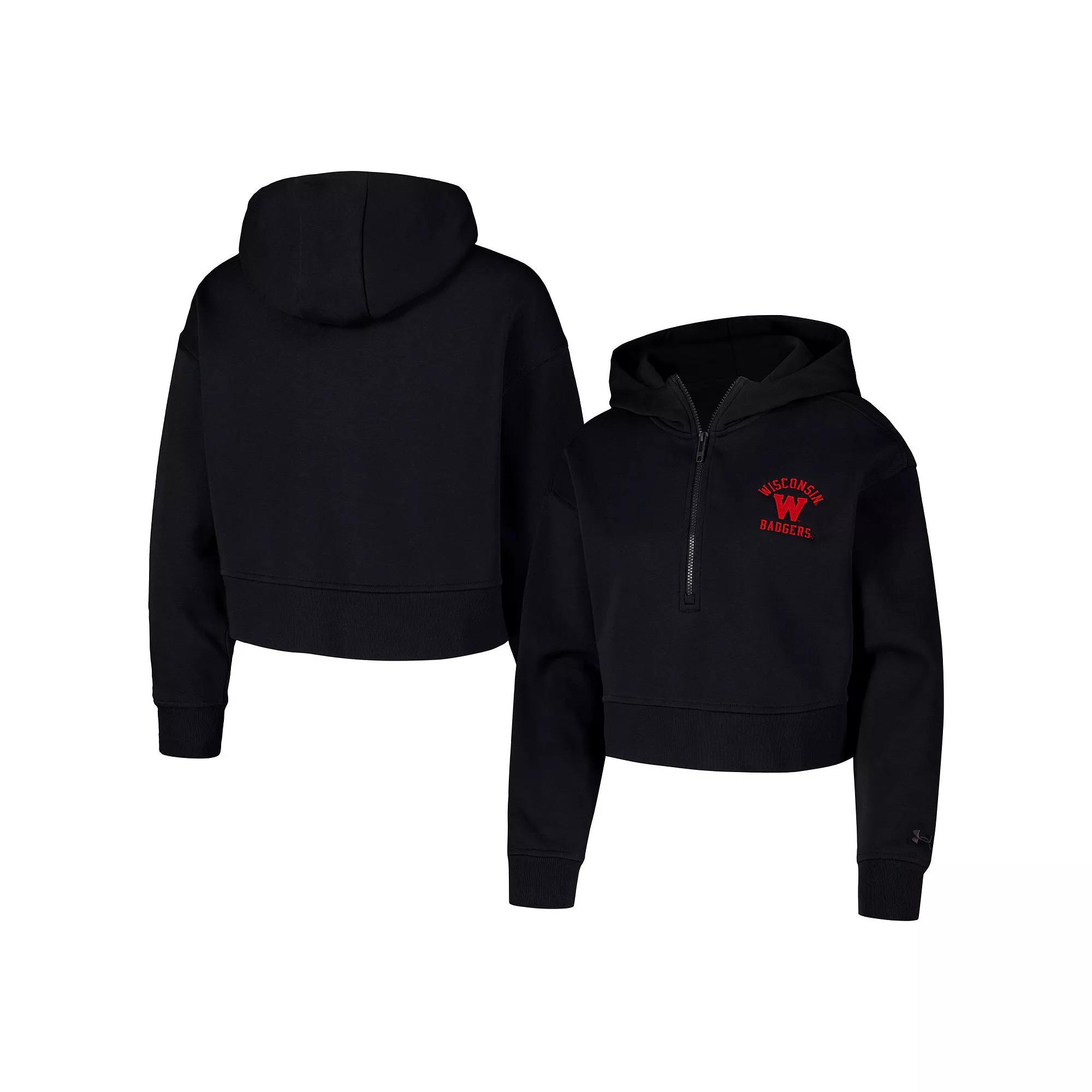 Women's Under Armour Black Wisconsin Badgers Inline Modest Cropped Half-Zip Hoodie,  Product Image
