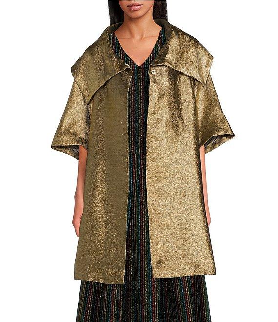 Buru Metallic Shimmer Wide Platter Point Collar 3/4 Sleeve Open Front Mid Length Topper Coat Product Image
