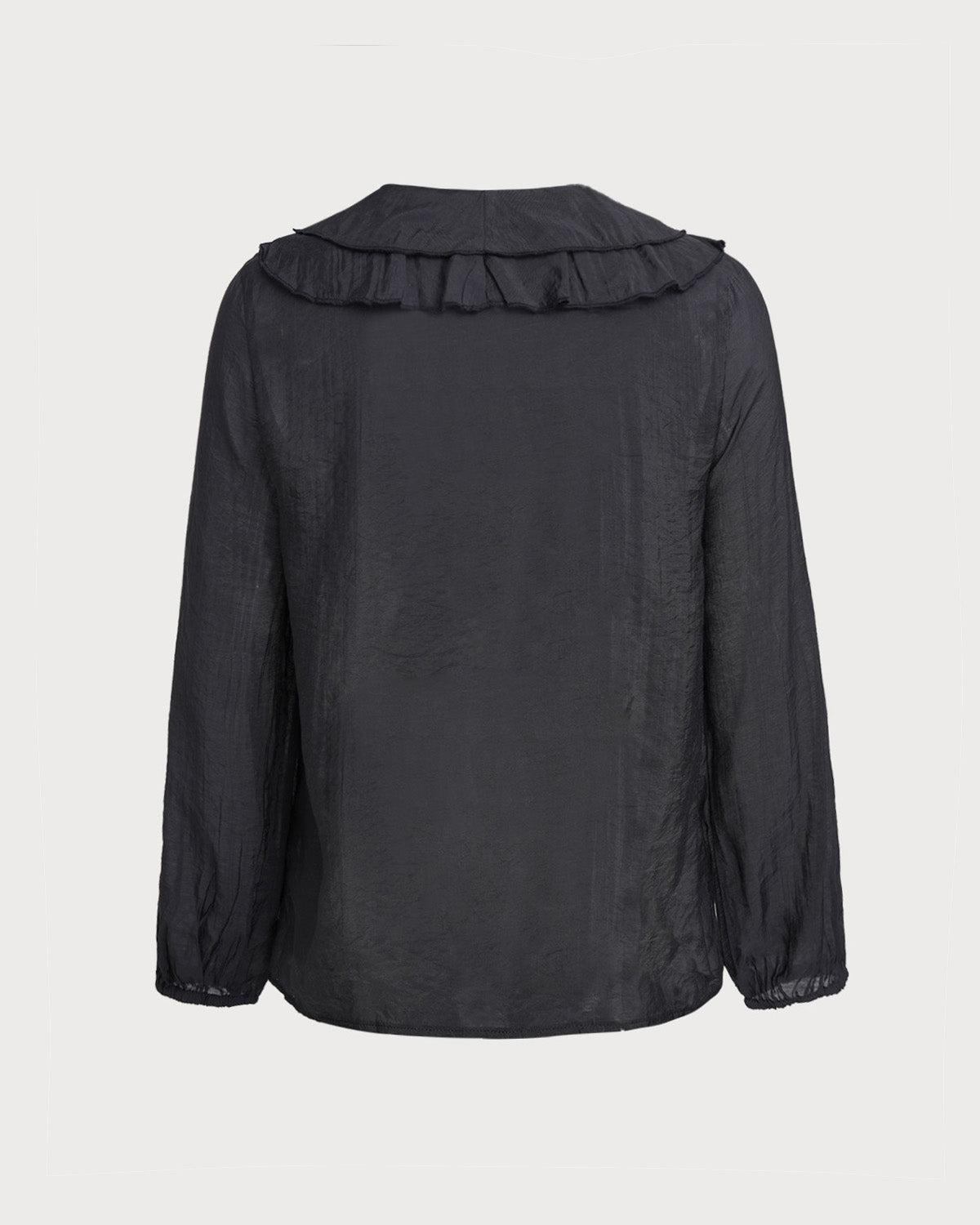 Black V Neck Ruffle Loose Shirt Product Image