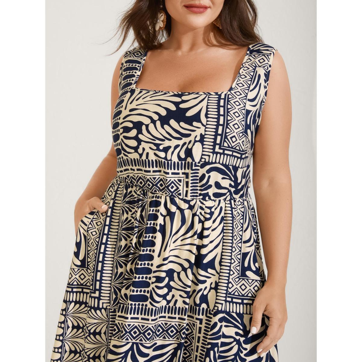 Plus Size Geometric Collage Print Pockets Midi Dress DarkBlue Women Square Neck Sleeveless Curvy BloomChic 18-20/2X Product Image