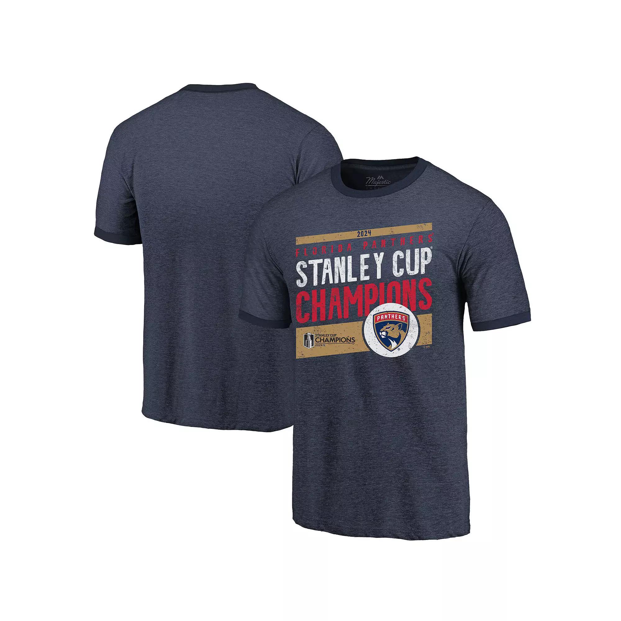 Men's Majestic Threads  Navy Florida Panthers 2024 Stanley Cup Champions Tri-Blend Ringer T-Shirt, Size: Medium, Pnt Blue Product Image