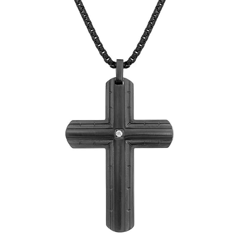 LYNX Men's Stainless Steel Diamond Accent Cross Pendant, Size: 24", Black Product Image