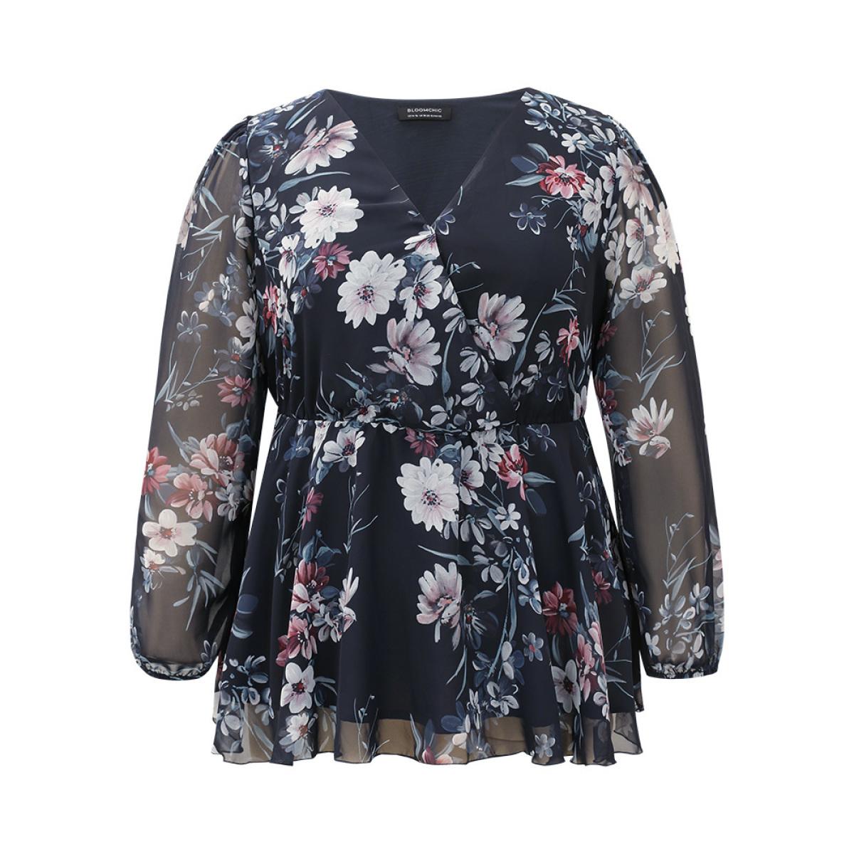 Plus Size Indigo Floral Print Elastic Waist Mesh Wrap Gathered Blouse Women Elegant Long Sleeve V-neck Dailywear Blouses BloomChic 12/L Product Image