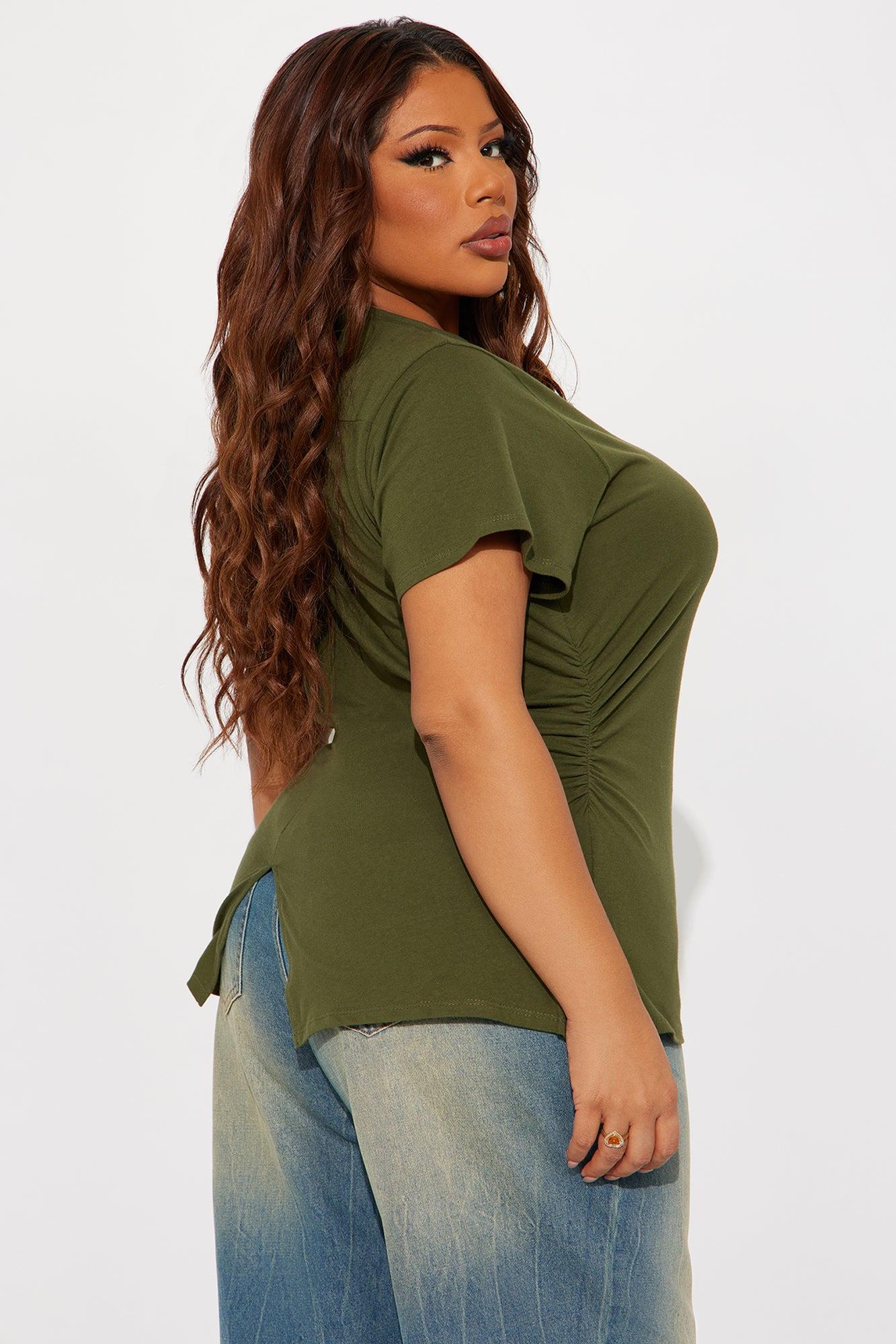 Simply Me Ruched Short Sleeve T-Shirt - Olive Female Product Image