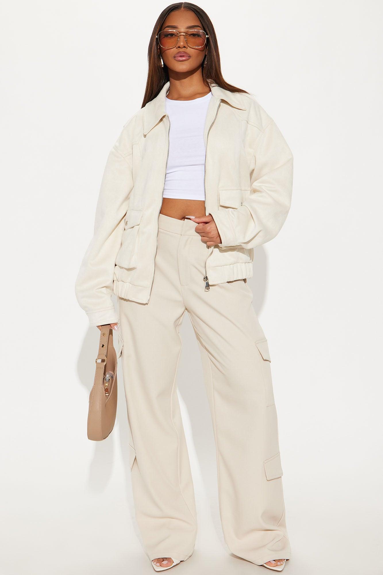 Delilah Washed Faux Suede Bomber Jacket - Cream Product Image