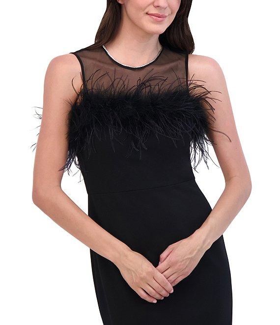 Eliza J Scuba Crepe Illusion Crew Neck Sleeveless Feather Detail Sheath Dress Product Image