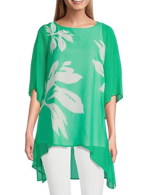 Slim Factor by Investments Simply Green Ikat Flower Placement Print Boat Neck 3/4 Sleeve Lined Tunic Product Image