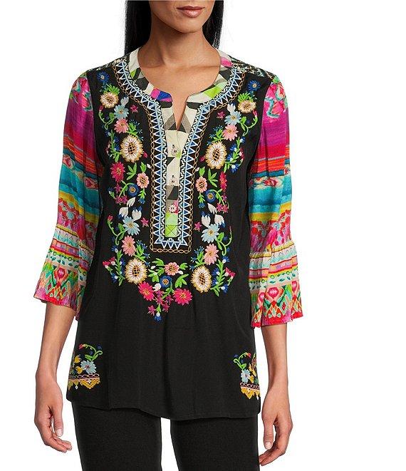 John Mark Embroidered Floral Y-Neck 3/4 Sleeve Tunic Product Image