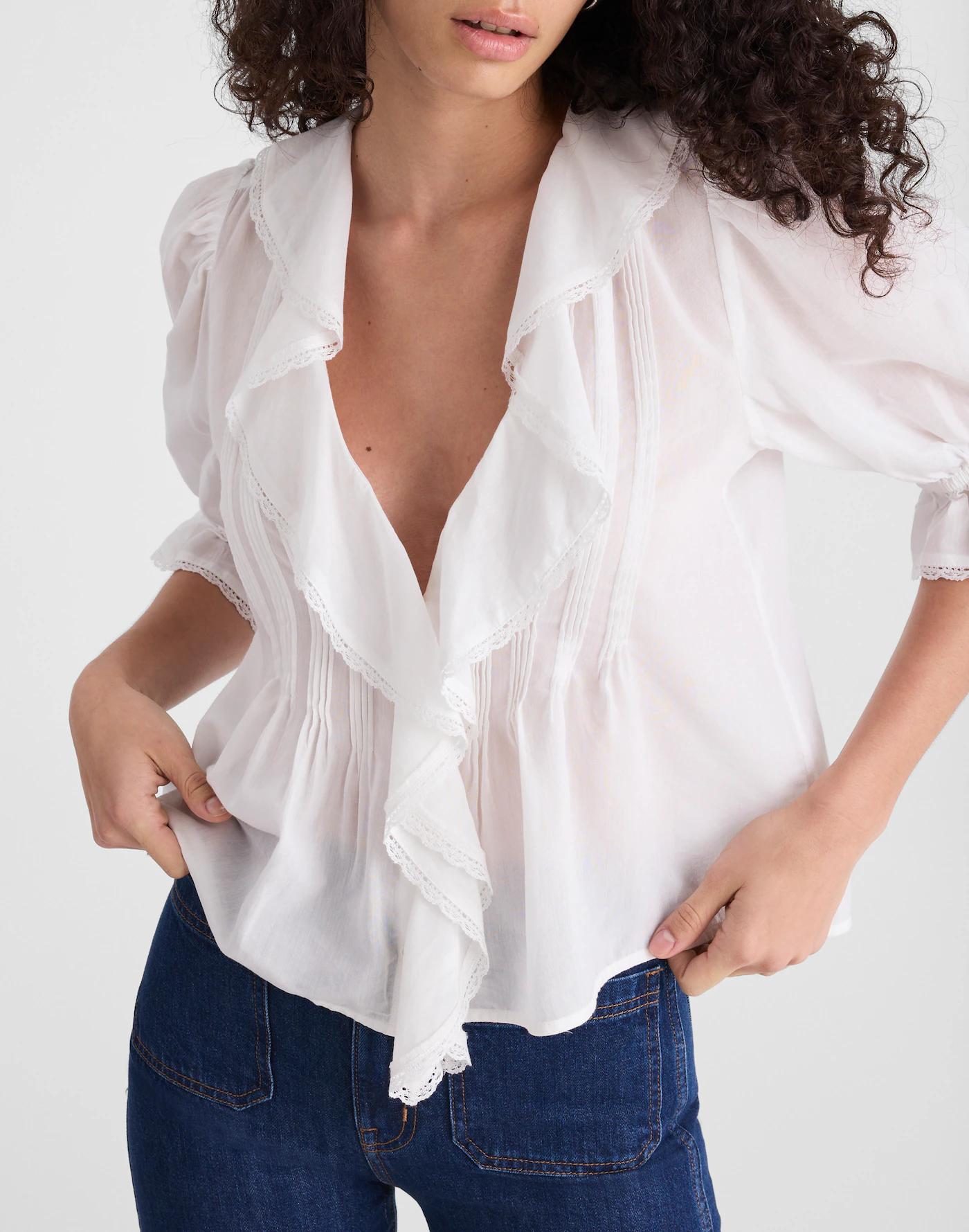 Pintucked Ruffled Puff-Sleeve Top Product Image