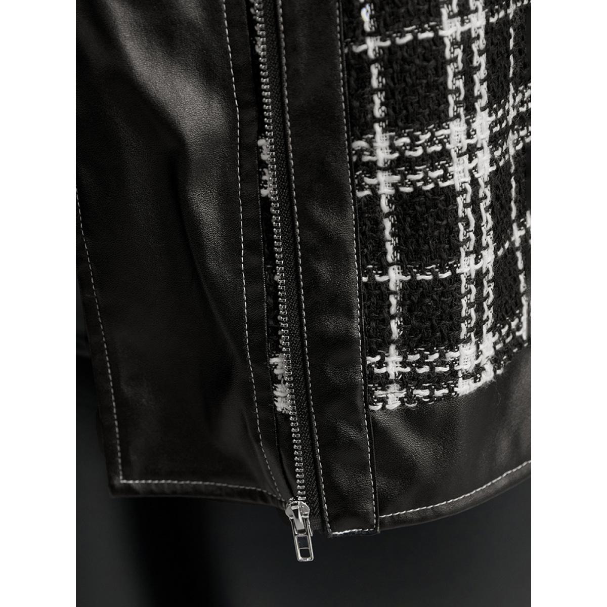 Plus Size Plaid PU Patchwork Zipper Fly Jacket Women Black Contrast Dailywear Jackets BloomChic 18-20/2X Product Image