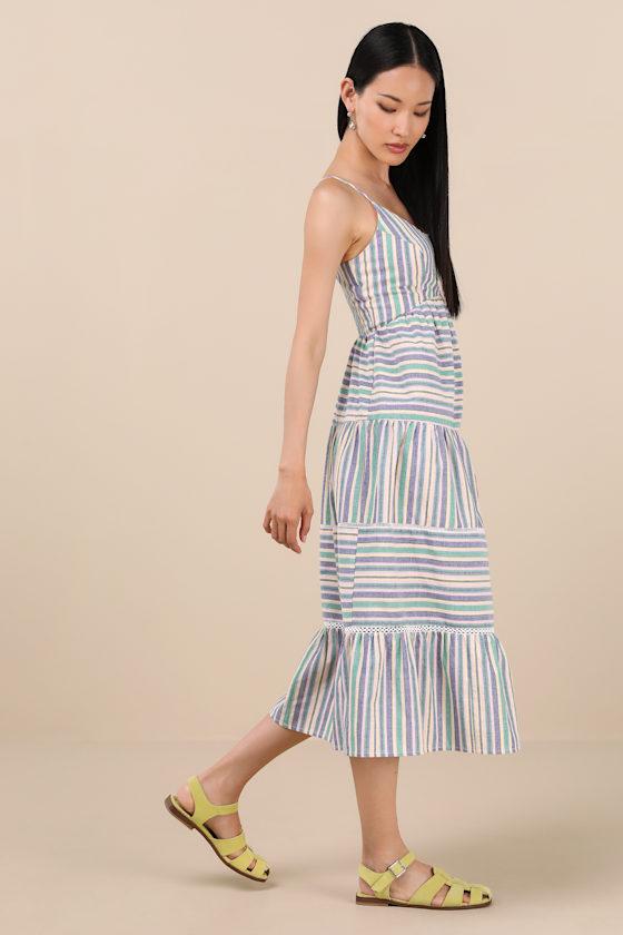 Journi Green Multi Striped Tiered Midi Dress Product Image
