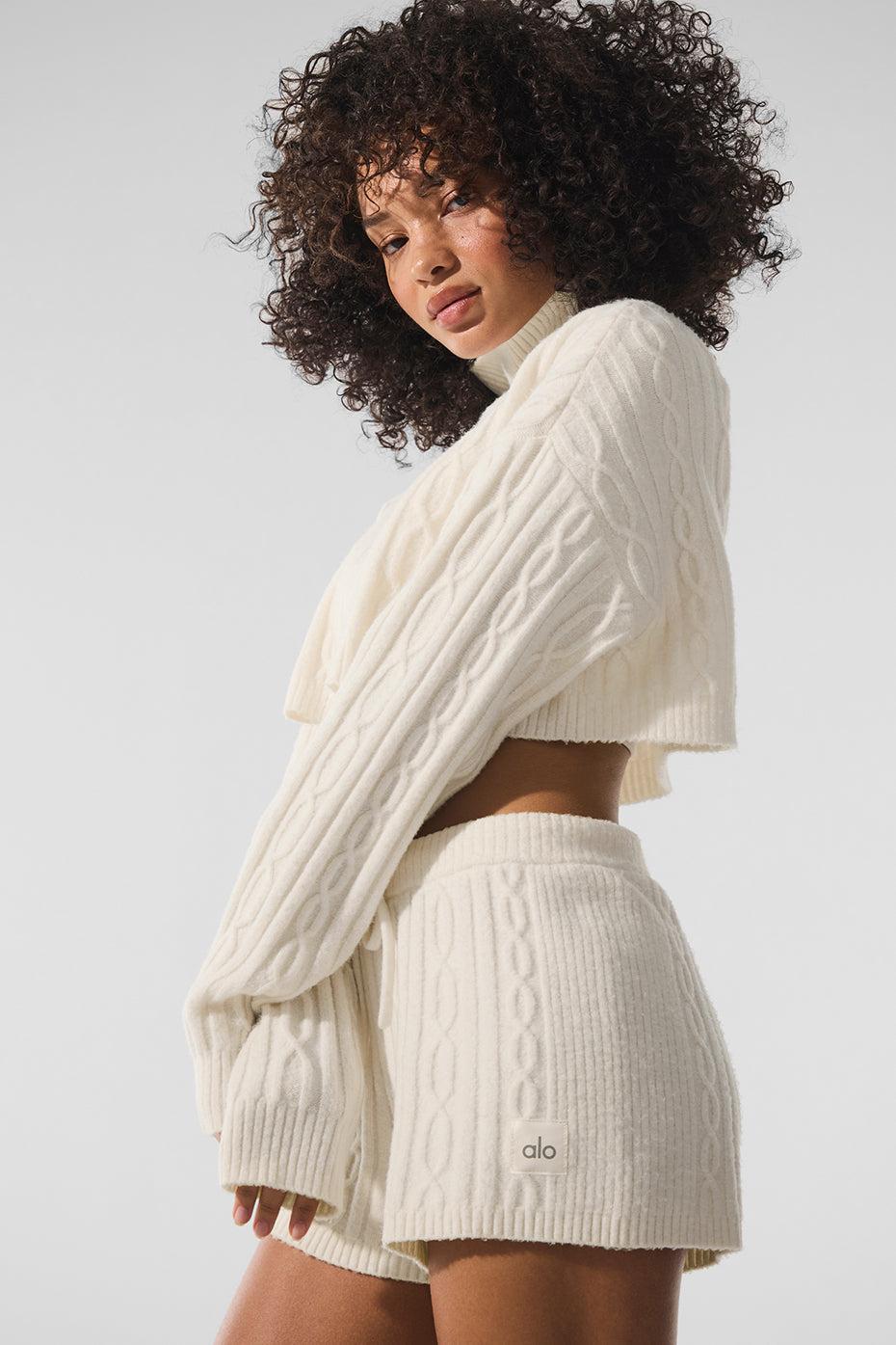 Cable Knit Cropped Winter Bliss Turtleneck Long Sleeve - Ivory Female Product Image
